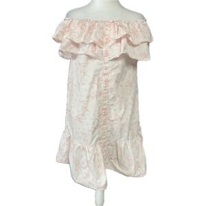 Lisa Marie Fernandez Dress XS Pink Floral Ruffle Off Shoulder‎ Button No Belt